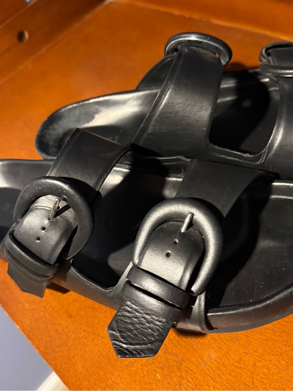 M. Gemi Black Double-Buckle Leather Slide Sandals, size 42/11